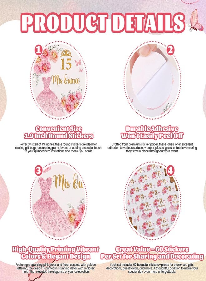 ROTEL 60 Pcs Mis Quince Stickers,Mis 15 Años Stickers for Quinceanera Party Favors,Recuerdos para 15 Años Quinceañeras Decorations - Image 3